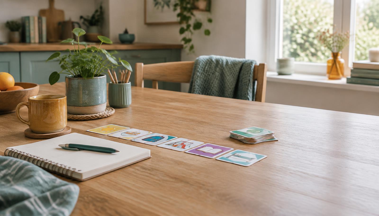 A calm family table with visual schedule cards and a notebook